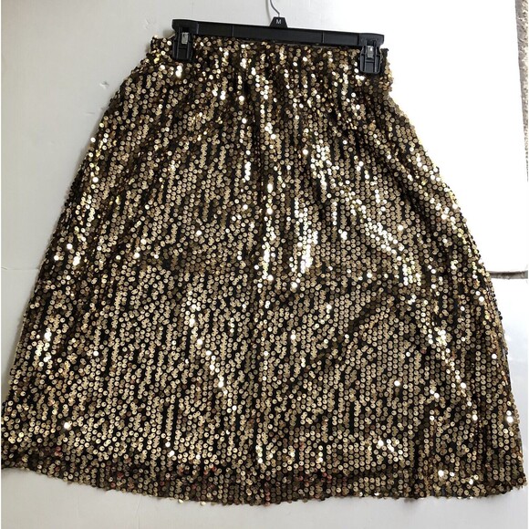 NY Collection Women's Skirt Size Medium Line A Pullover Gold Sequined lined  112 - Picture 3 of 4